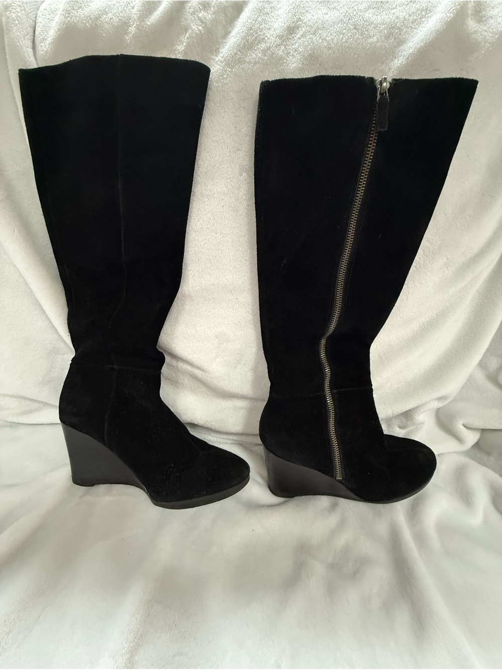 Vintage Franco Sarto Black Suede Wedge Knee-High Boots